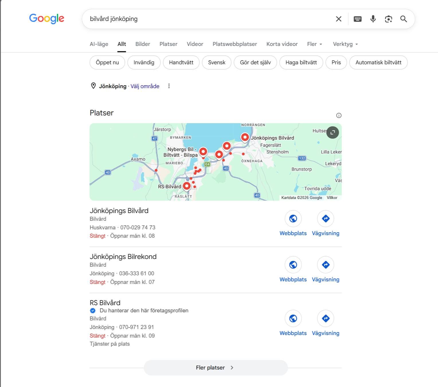 Google-sökning "bilvård jönköping" — placering #3