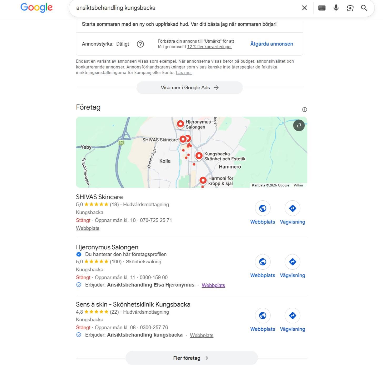 Google-sökning "ansiktsbehandling kungsbacka" — placering #2