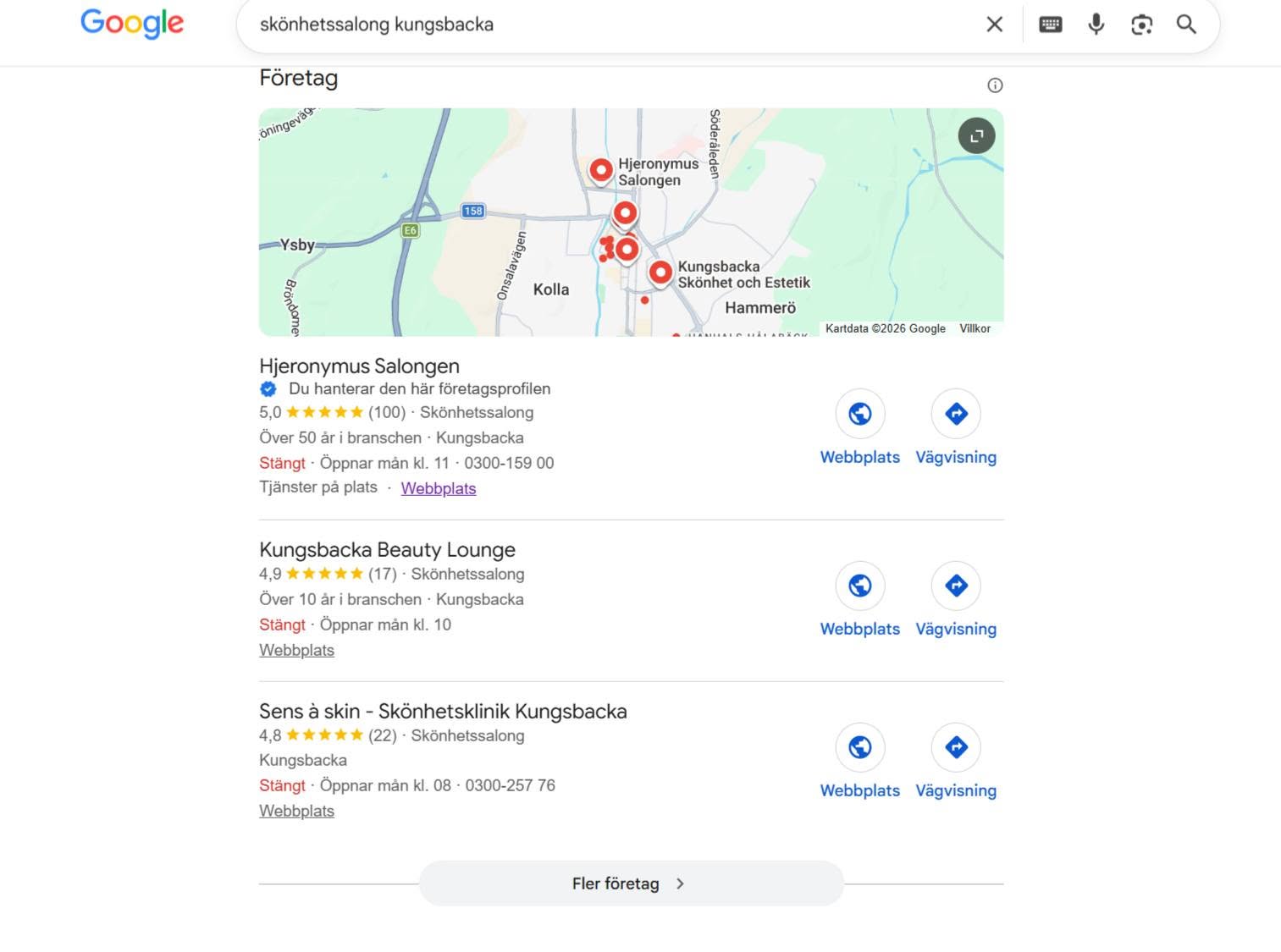 Google-sökning "skönhetssalong kungsbacka" — placering #1