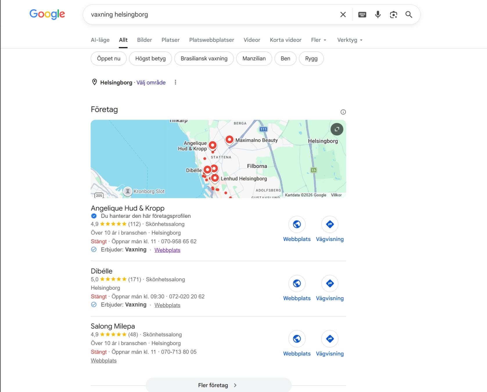 Google-sökning "vaxning helsingborg" — placering #1