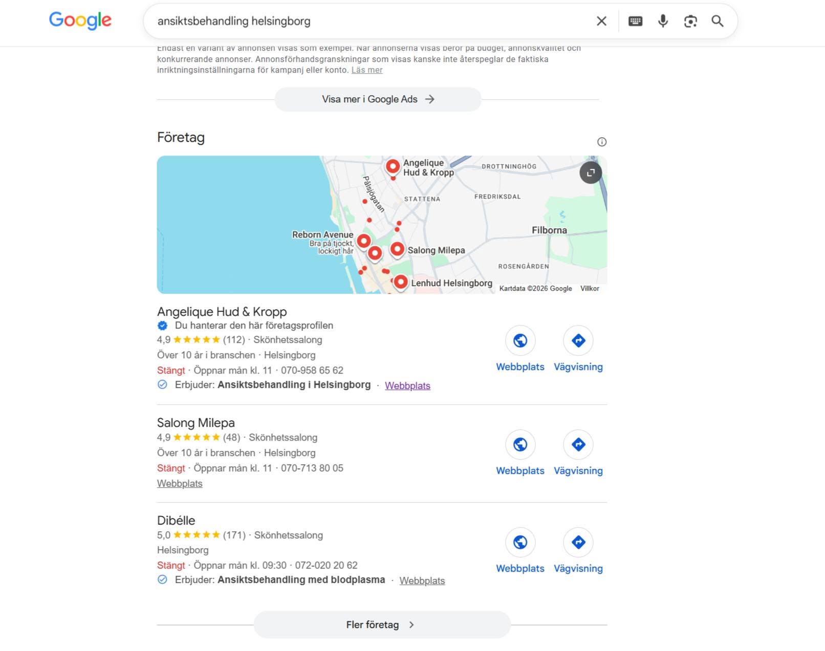 Google-sökning "ansiktsbehandling helsingborg" — placering #1